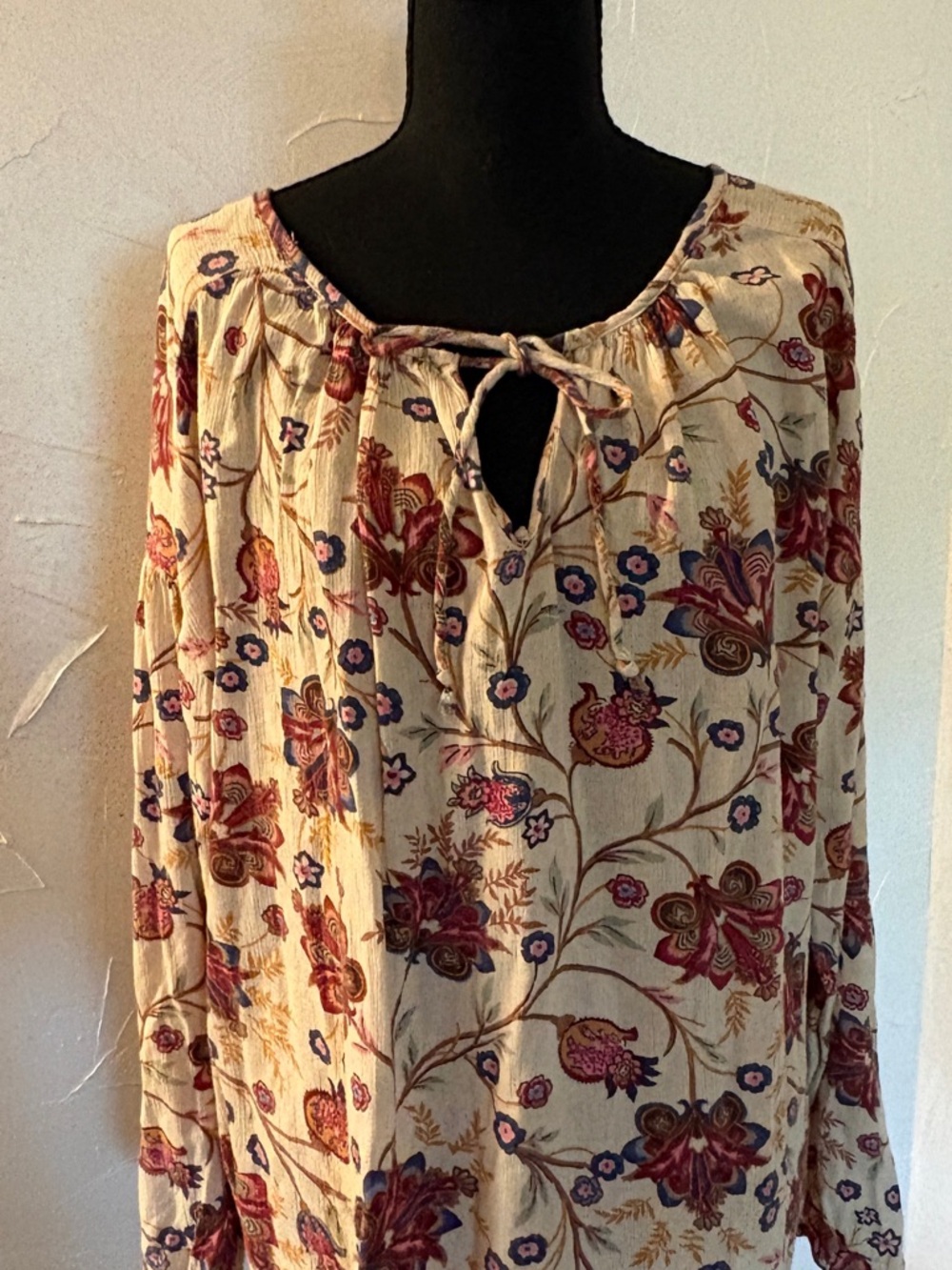 Chaps Floral Peasant Top in Cream, Burgundy and Blue